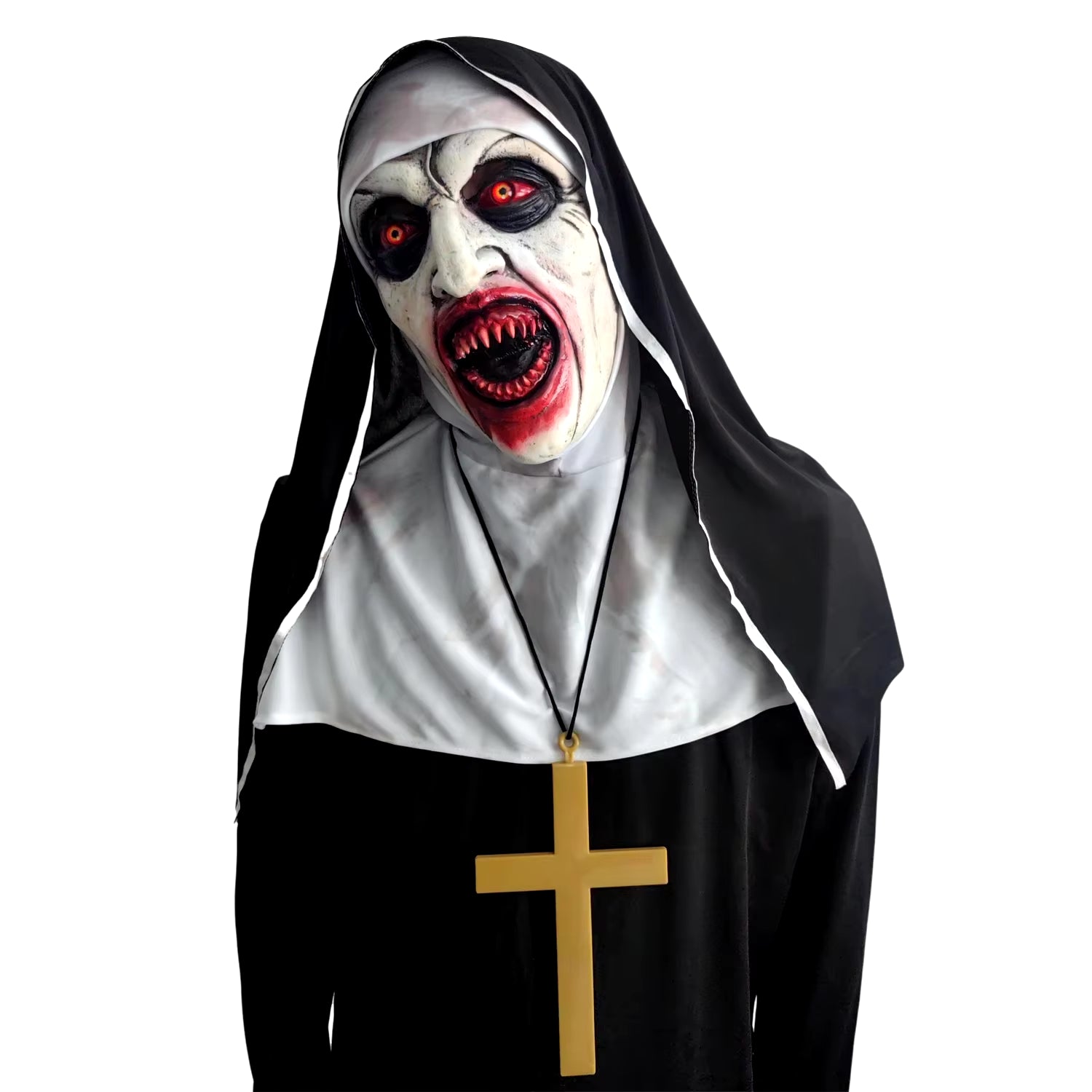 2024 Scary Nun Latex Mask with Cross Necklace and Nun Headpiece, Full Head Halloween Mask, Nun Costume Accessories