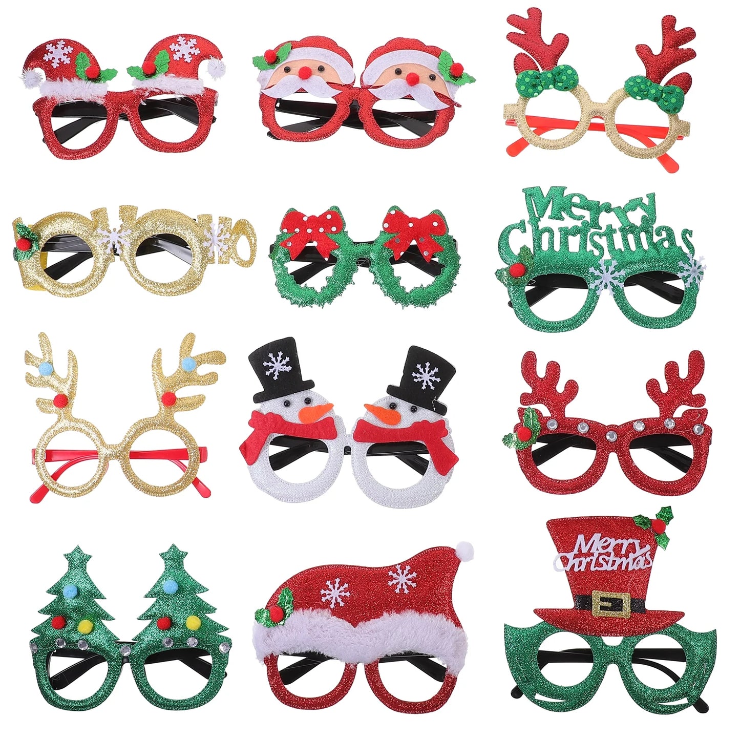 12Pcs Reusable Christmas Glasses Xmas Party Eyewear Lovely Plastic Xmas Glasses Frames Party Favors