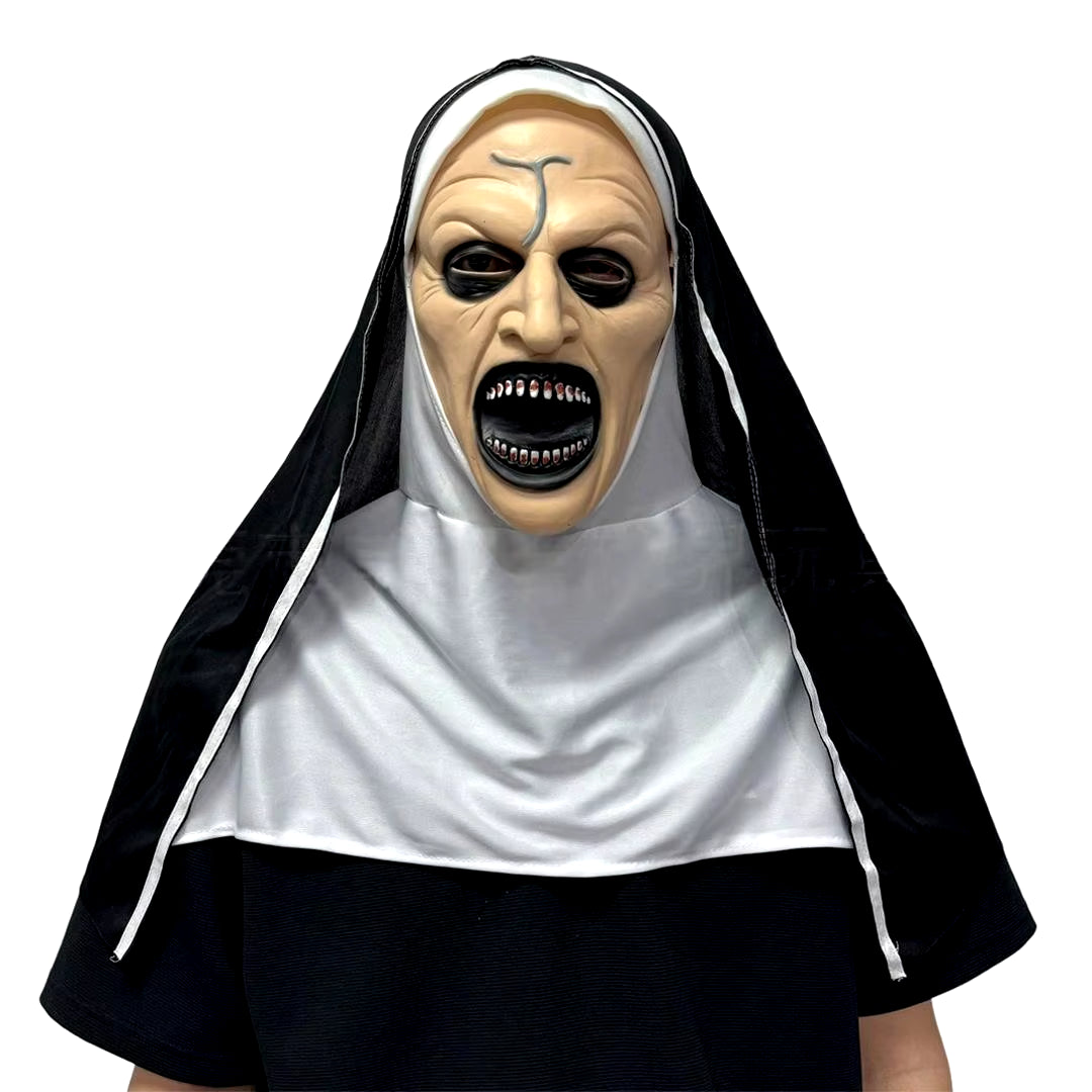 2024 Scary Nun Latex Mask with Cross Necklace and Nun Headpiece, Full Head Halloween Mask, Nun Costume Accessories