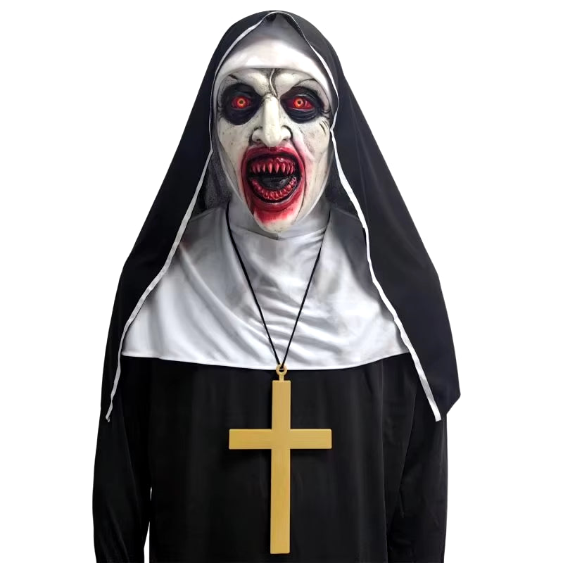 2024 Scary Nun Latex Mask with Cross Necklace and Nun Headpiece, Full Head Halloween Mask, Nun Costume Accessories